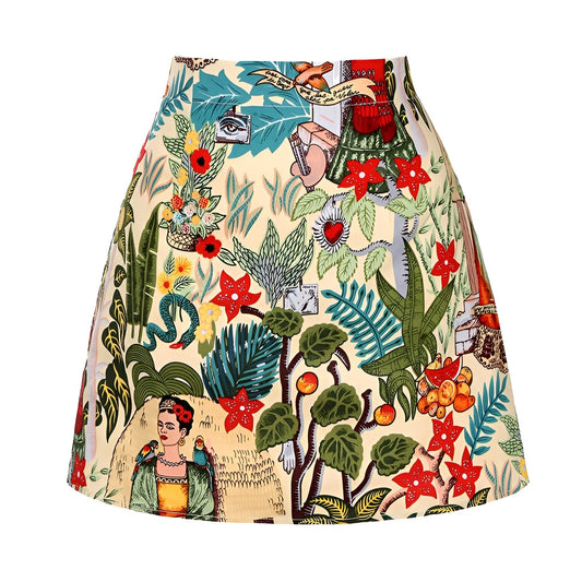 Geblümter Minirock mit Frida-Kahlo-Druck